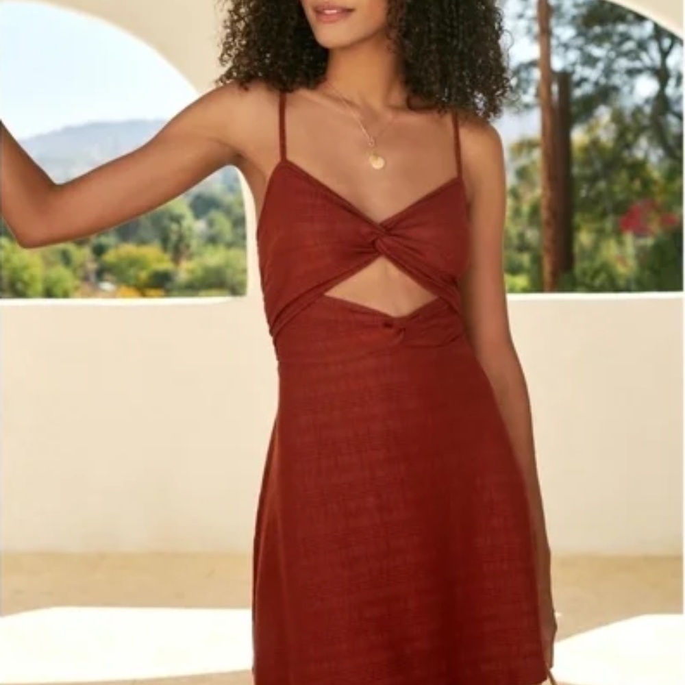 By Anthropologie Strappy Cutout Mini Dress in Rust Red Brown, Medium - NEW